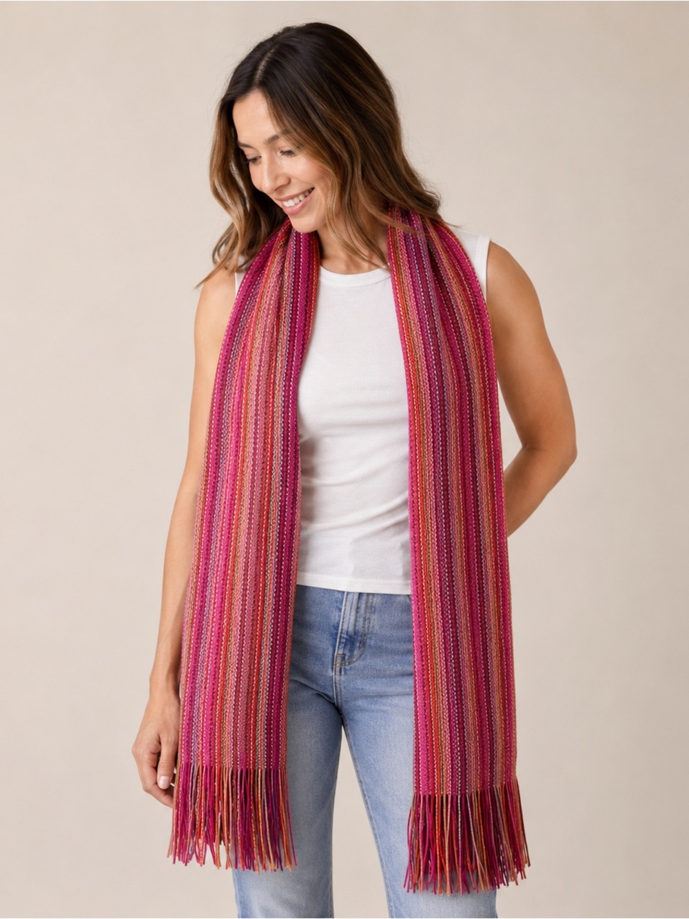 Bonnefoy Creations France Wool Blend Scarf Striped Fringe Winter Wrap Cozy